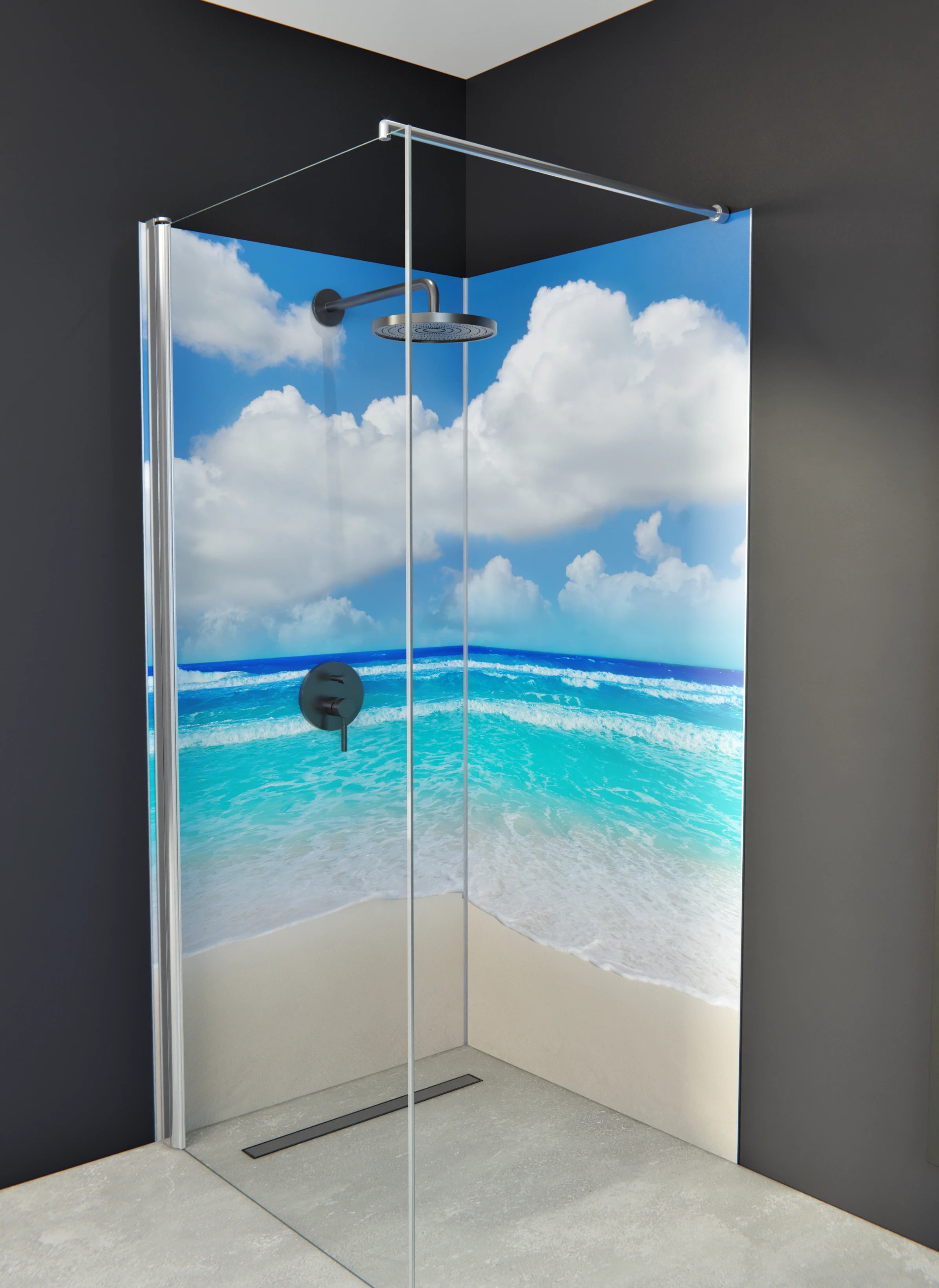 Duschrückwand - Traumstrand mit türkisblauem Wasser und weißen Wolken