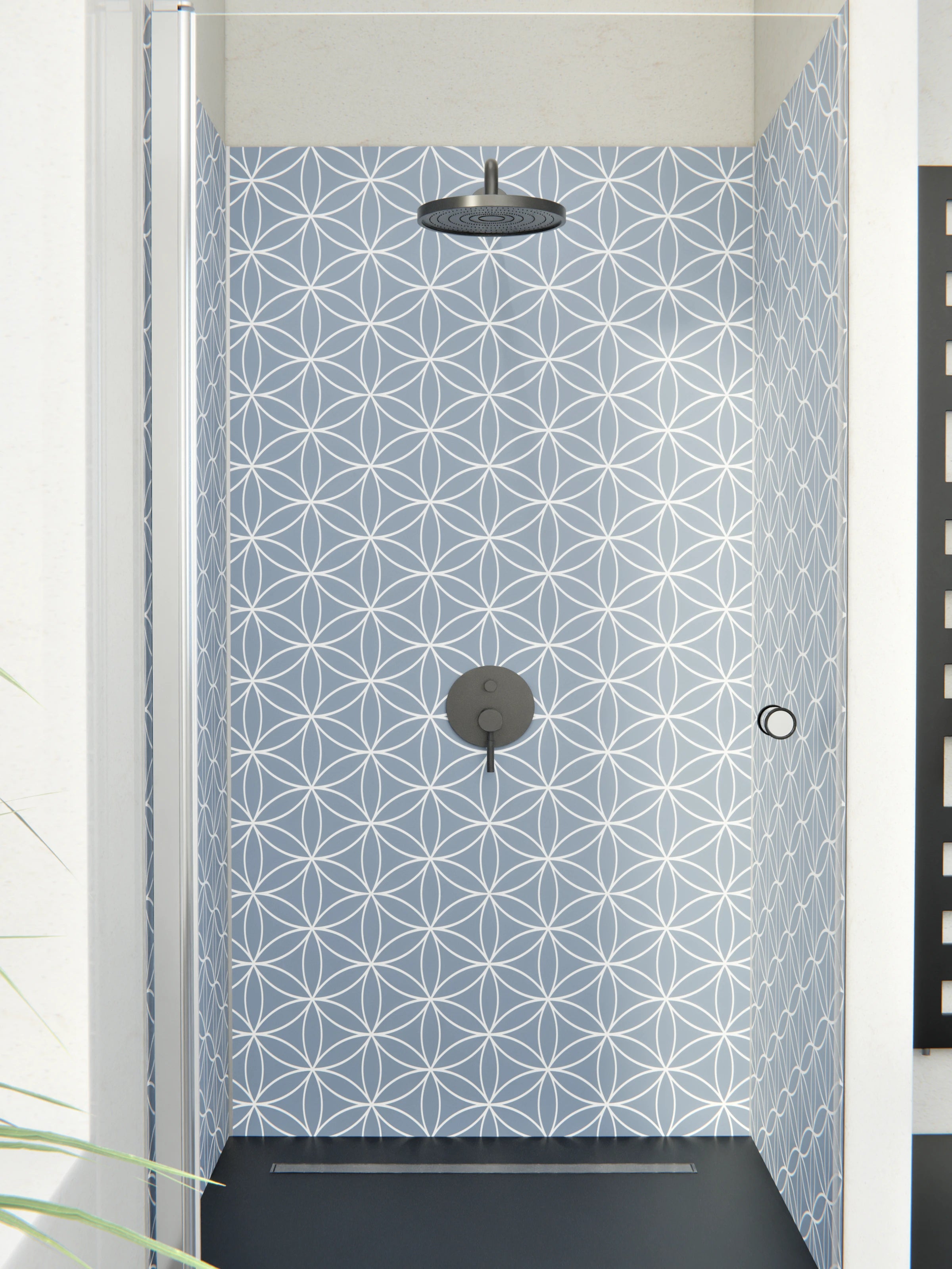 Duschrückwand - Geometrica - Fiori - Azzurro polvere