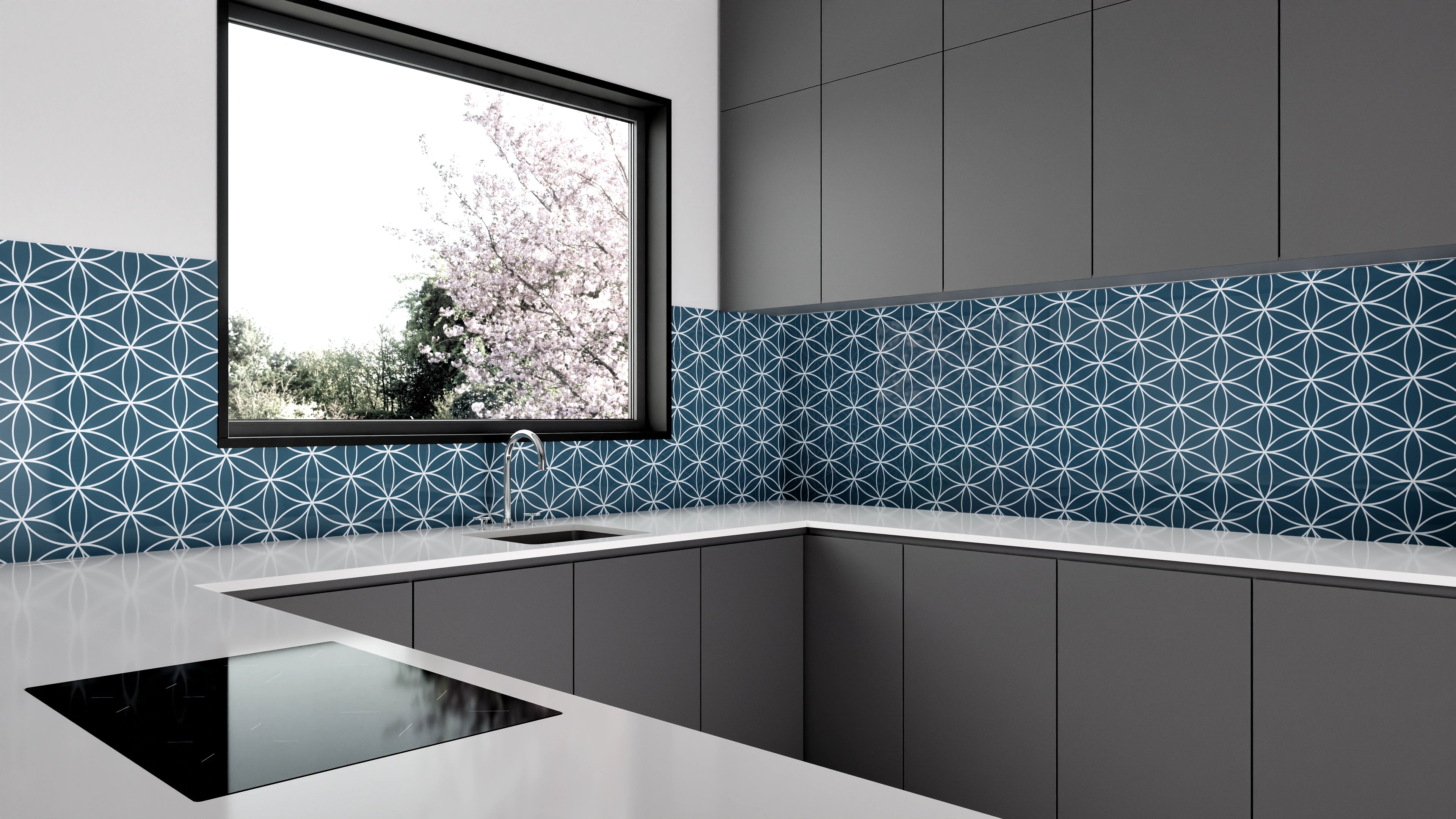 Küchenrückwand - Geometrica - Fiori - Blu Petrolio Slide 1