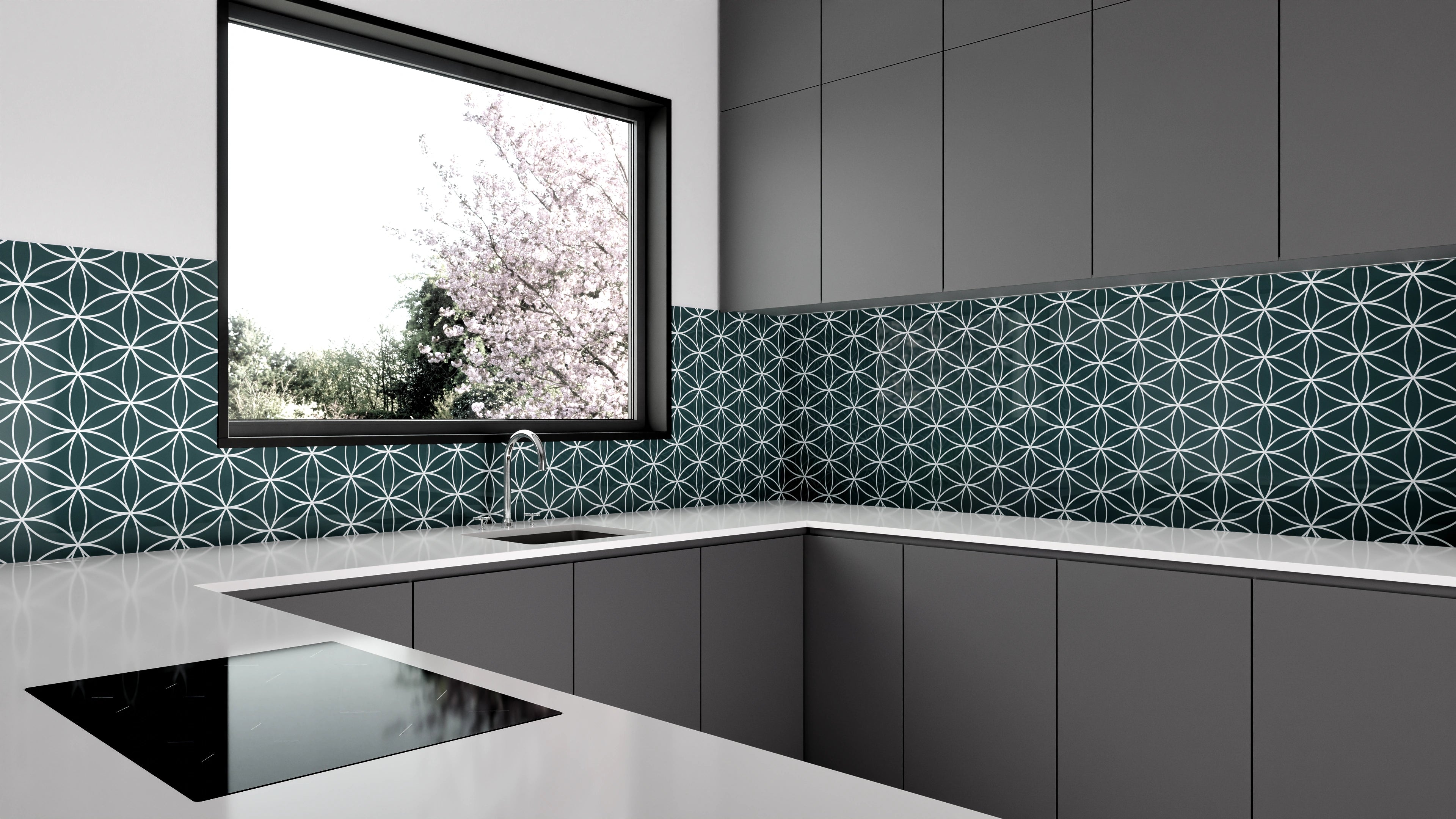 Küchenrückwand - Geometrica - Fiori - Verde petrolio Slide 1