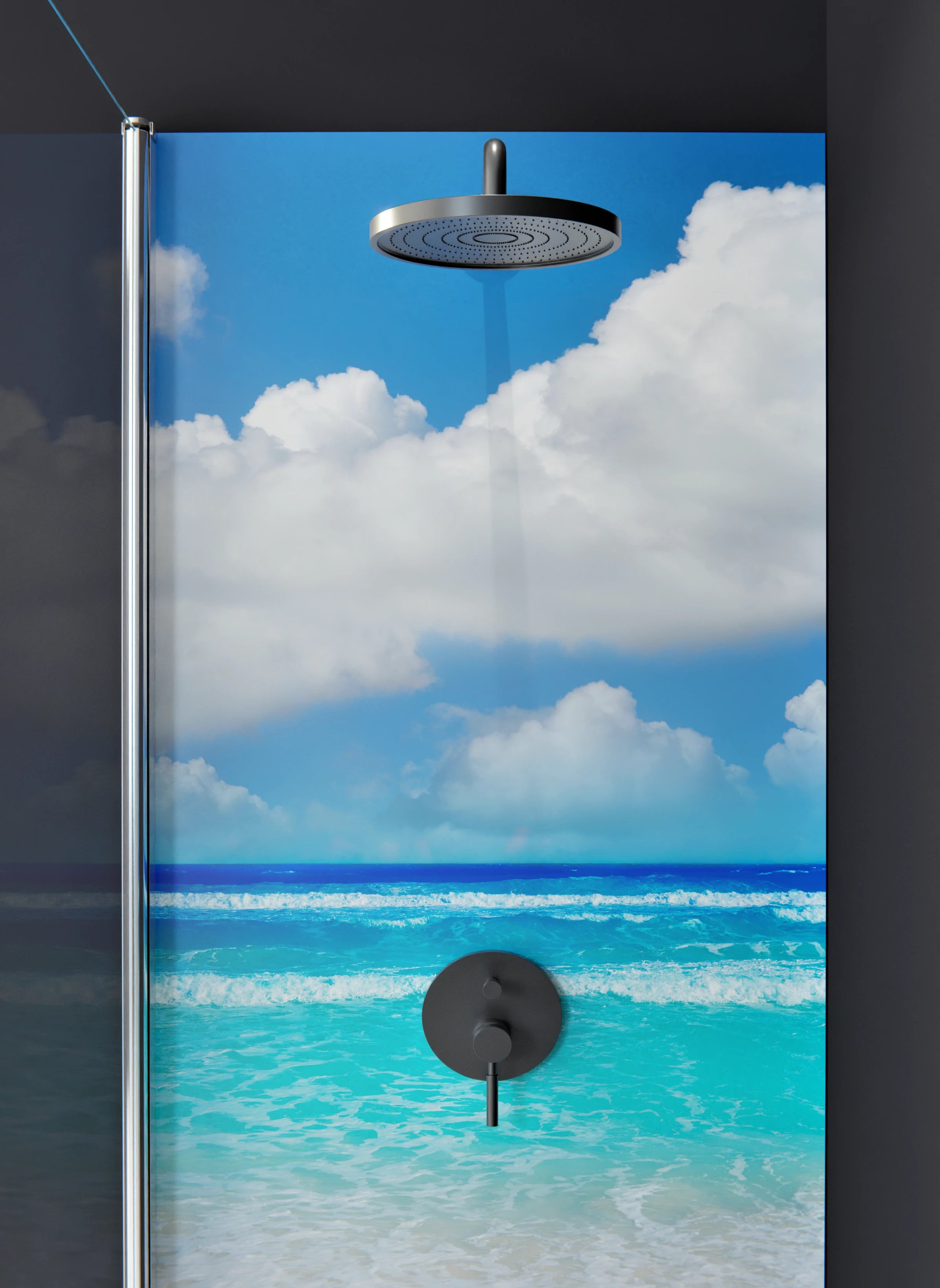 Duschrückwand - Traumstrand mit türkisblauem Wasser und weißen Wolken