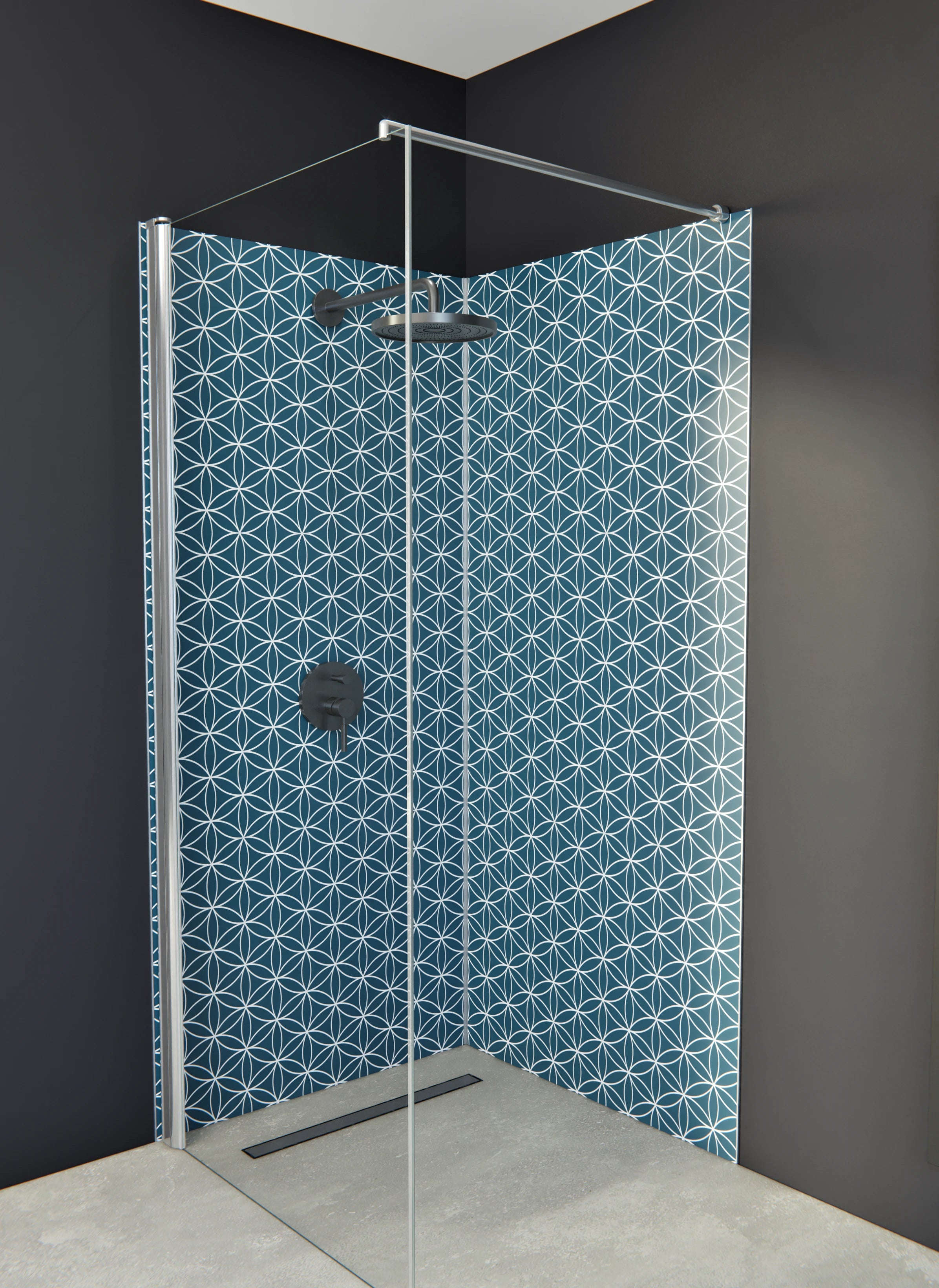 Duschrückwand - Geometrica - Fiori - Blu Petrolio