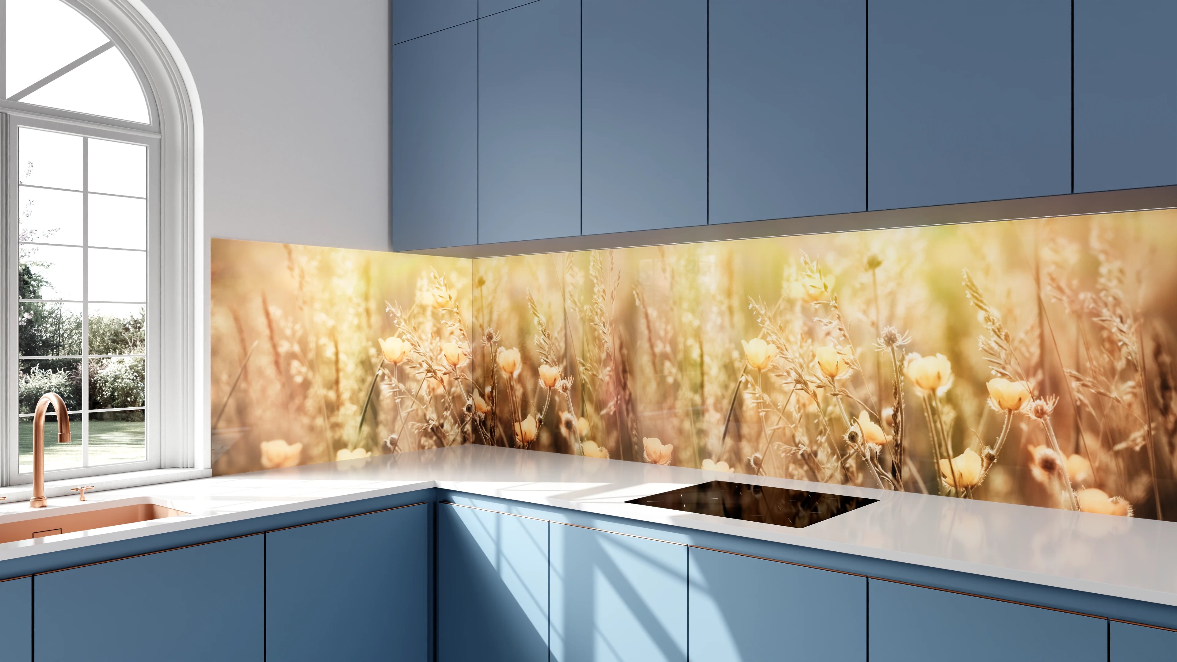 Küchenrückwand - Blumenfeld mit Sonnenstrahlen