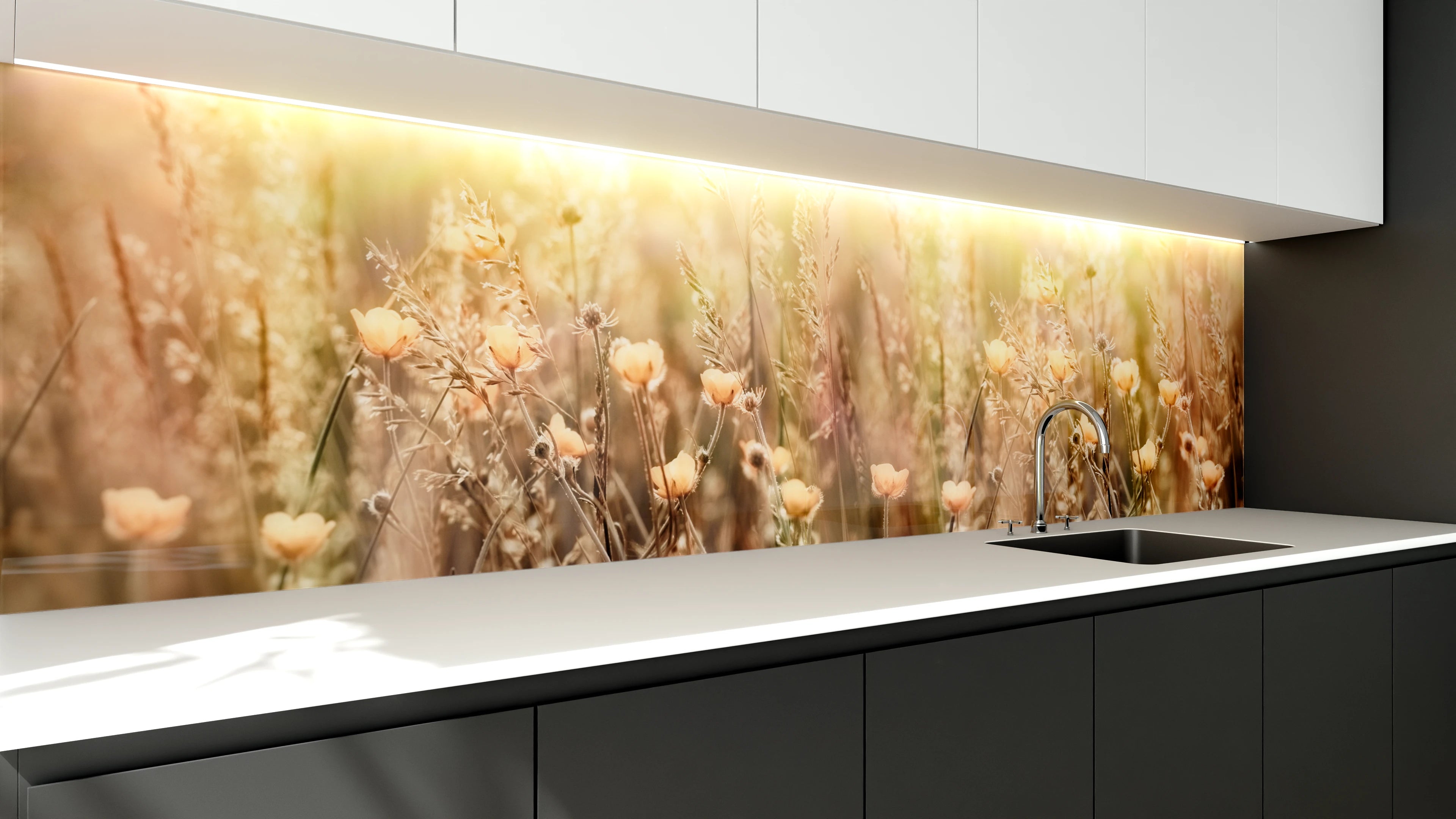 Küchenrückwand - Blumenfeld mit Sonnenstrahlen